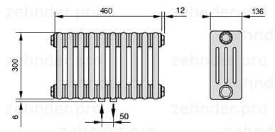 Схема (чертеж) Радиатор Zehnder Charleston 4030/10 №3470 Белый глянцевый RAL 9016